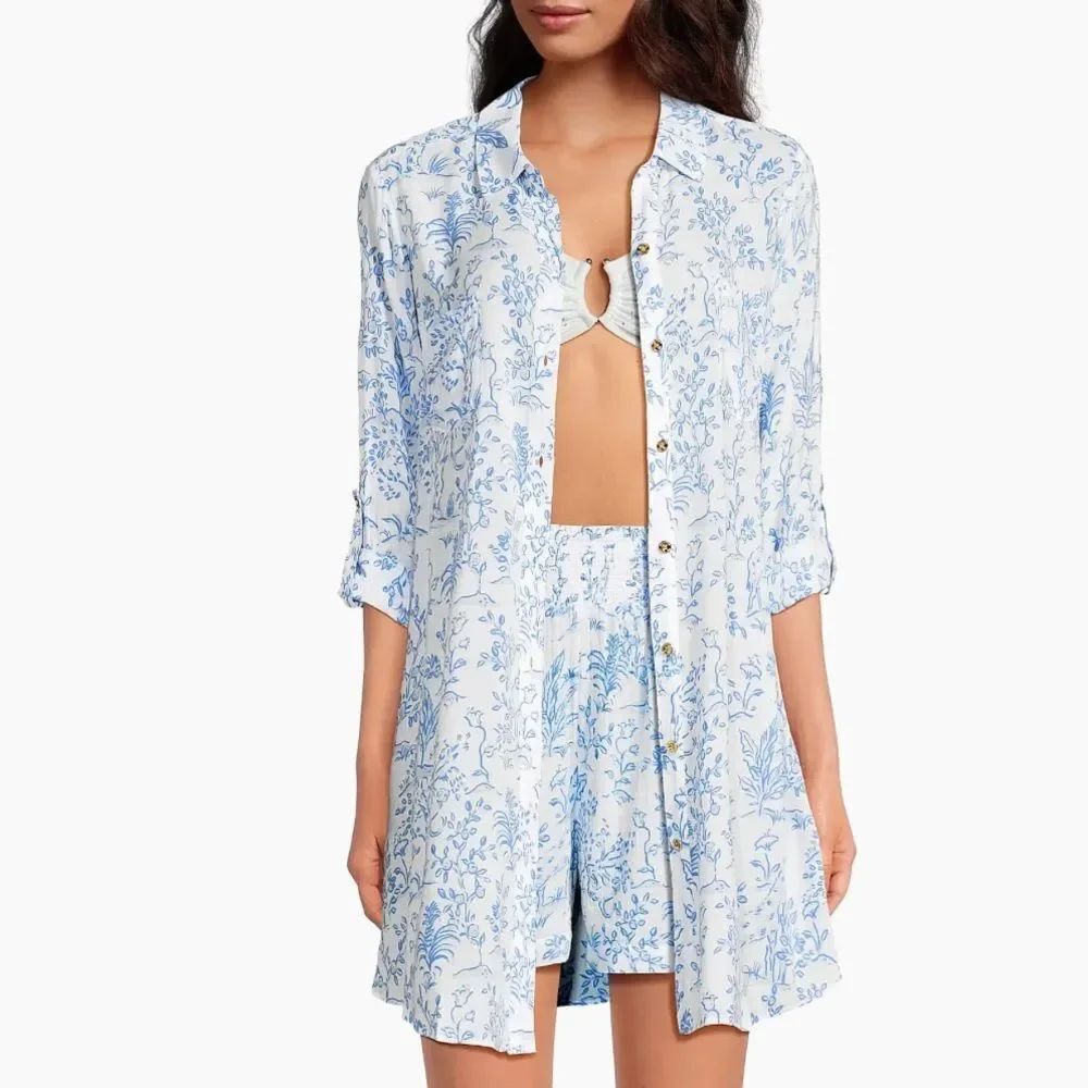 Lilly Pulitzer Natalie Resort White Blue Button Front Tab Sleeve Cover Up